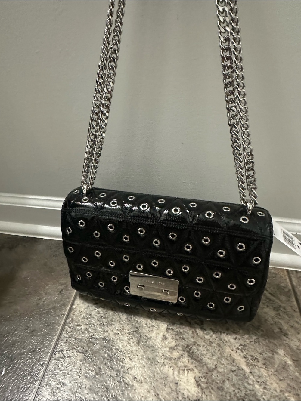 Black Quilted Eyelet Chain Shoulder Bag